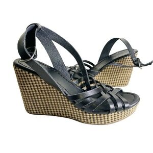 American Eagle Sz 6 Faux Leather wedge sandals Black Platform Cork